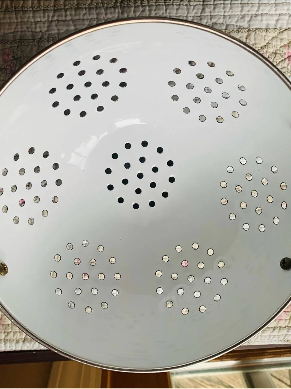 Vintage White Enamel stand Alone Colander with Brass Handles